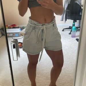 Acid wash high waisted paper bag shorts